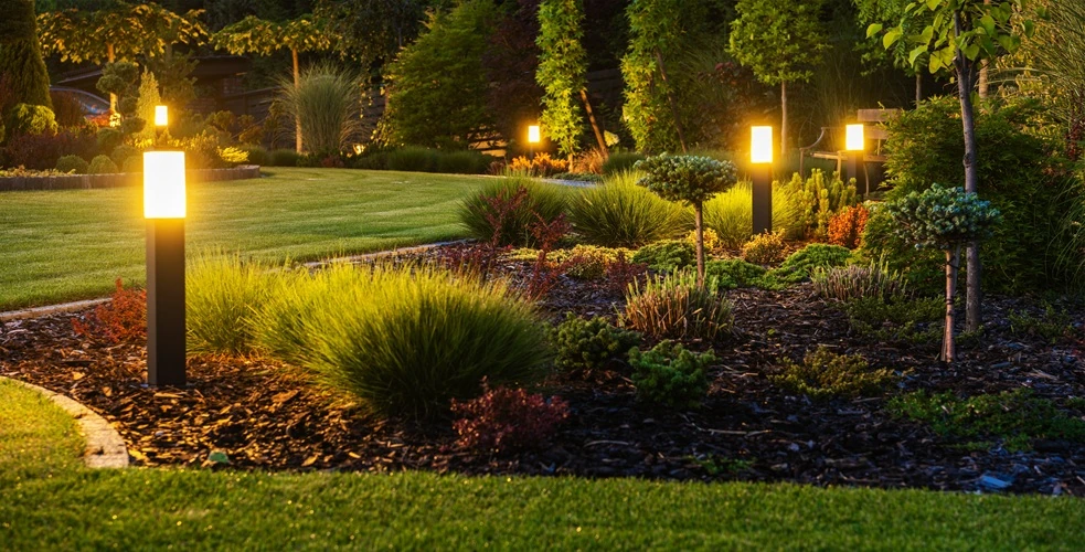 lawnmax-garden-makeover-elegant-modern-garden-led-lighting-illuminating-500px Beautifully landscaped garden makeover with illuminated pathway lights during evening.