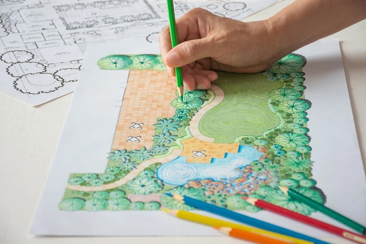 layout-plan-house-landscape-design-garden Lawnmax employee sketching garden design plans with coloured pencils on a desk.