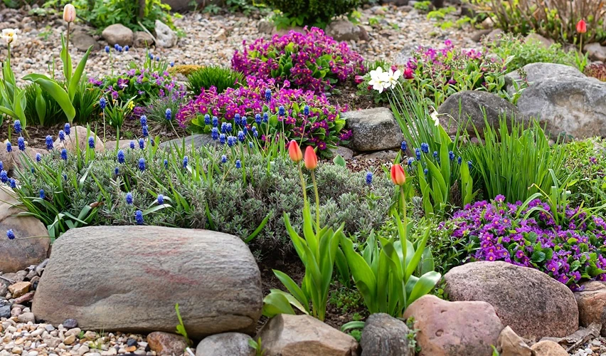 lush-rock-garden-full-bloom-featuring Colourful flower garden with purple, red, and white blooms surrounded by natural rocks