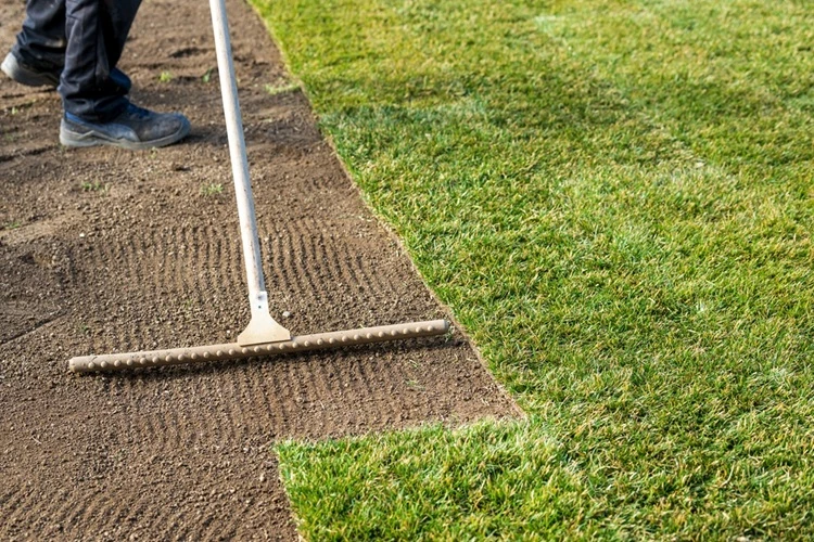 turf-preparation-lawnmax-rake-soil-500px Lawnmax using a rake to prepare soil before laying fresh turf on garden ground