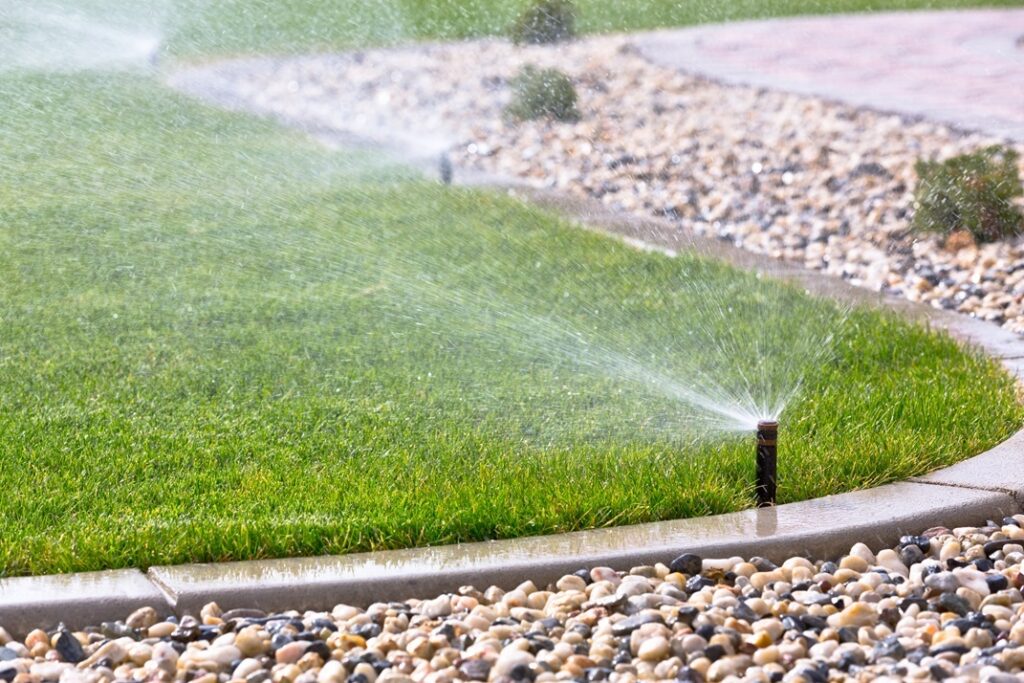 Watering,Lawn,With,Sprinklers Sprinkler head watering a green lawn as part of irrigation for lawns system